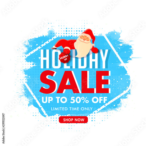 Holiday Sale poster or template design with 50% discount offer and santa claus character on blue brush stroke background.