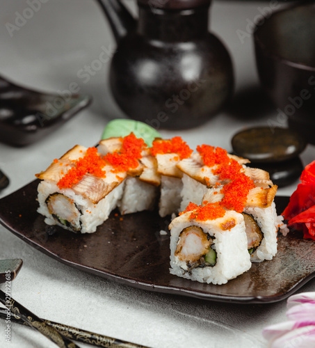Sushi with fish and red caviar
