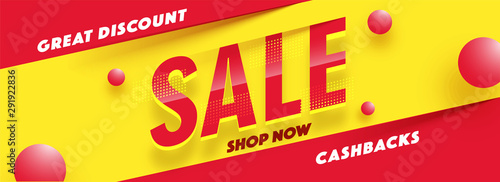 Sale header or banner design with abstract elements on red and yellow background.