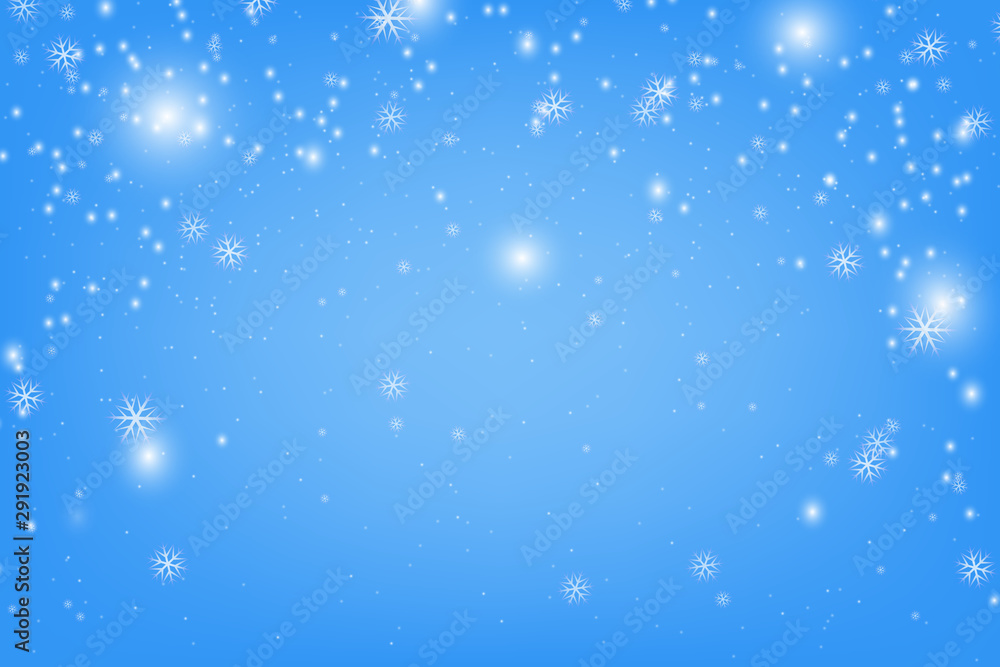 Snowflakes, vector snow. Heavy snowfall with snowflakes in different shapes and forms. Snow flakes background. Falling Christmas shining transparent beautiful, little snow on blue backdrop.