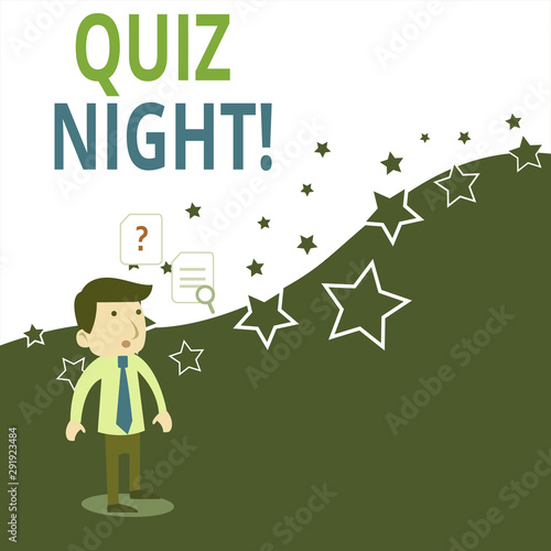 Conceptual hand writing showing Quiz Night. Concept meaning evening test knowledge competition between individuals Young Male Businessman Worker Searching Problem Solution