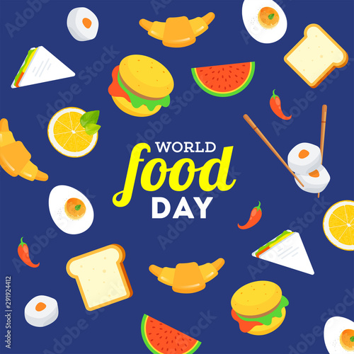 World Food Day poster or template design decorated with food elements such as burger, watermelon, lemon, croissant, sandwich and boiled egg on blue background.