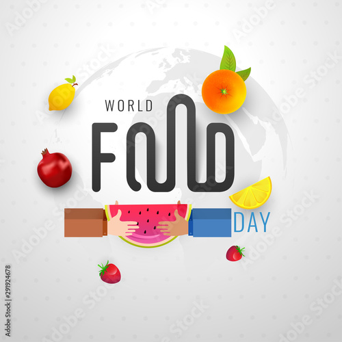 Poster or template design with human given watermelon fruit to another person for World Food Day concept.