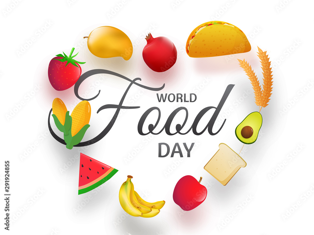 Plakat Tekst Światowego Dnia Żywności z owoców, taco, chleba, kukurydzy i pszenicy na białym tle. Może być używany jako projekt banera lub plakatu.