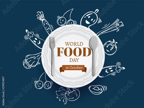 Doodle style fruits and vegetables decorated on blue background with illustration of spoon and fork on plate for 16 October, World Food Day concept.