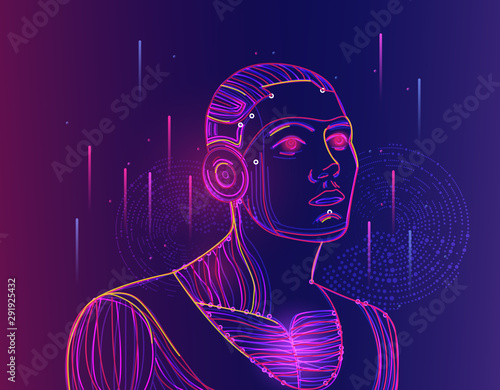 A purple, illustrated artificial intelligence concept with human face. Deep machine learning with neural network in abstract virtual world. Vector illustration