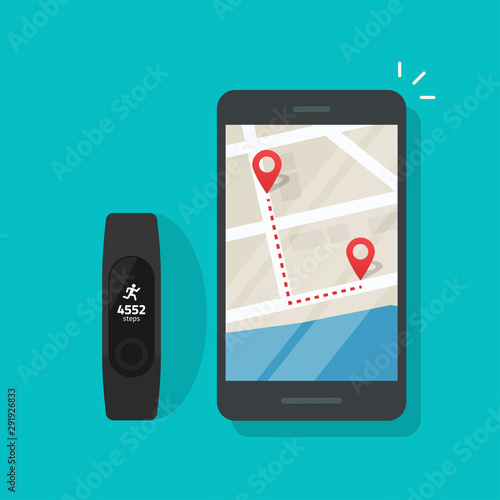 Running track route on map of mobile phone or cellphone connected to smart bracelet or wristband vector, flat cartoon smartphone with city GPS navigator direction or tracker technology image