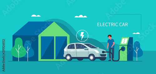 Man character standing near electric recharge station and charging an electric car battery. Modern hybrid Auto. New alternative Energy vehicle. Futuristic transport concept. Flat vector illustration.