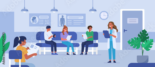 People characters sitting on chairs and waiting appointment time in medical hospital. Doctor inviting next patient in cabinet. Man and woman in queue at the clinic. Flat cartoon vector illustration.