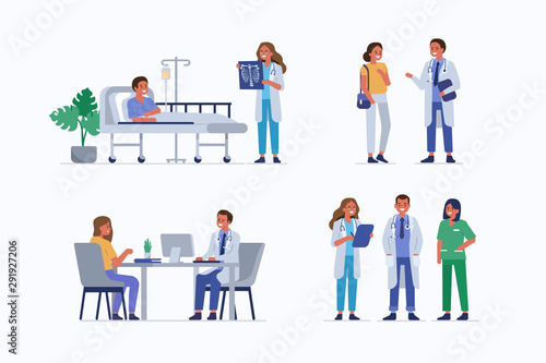 Medical staff and patients. Female doctor check patients x-ray in clinic. Male doctor therapist consulting woman. Healthcare team in hospital. Medical People characters set. Flat vector illustration. photo