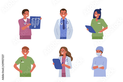 Different medical staff portraits. Smiling male and female doctors and nurses. Professional healthcare team at work. Medical characters set. Flat cartoon vector illustration. 