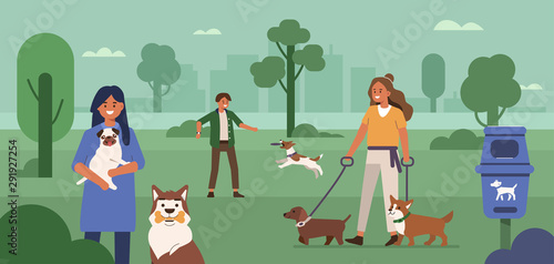  People characters walking and playing with dogs in park. Man and woman cleaning up after dog and picking up waste in public waste station. Human and pet concept. Flat cartoon vector illustration. 
