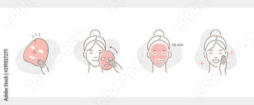 Beauty Girl Take Care of her Face and Use Facial Sheet Mask. Adorable Woman Making Skincare Procedures. Skin Care Routine, Hygiene and Moisturizing Concept. Flat Cartoon Illustration and Icons set.
