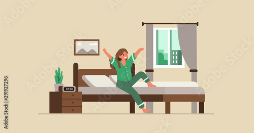  Happy woman in pajama waking up in her bed at morning. Girl sitting and stretching after getting up. Female character happy awake and ready for new day. Flat cartoon vector illustration. 