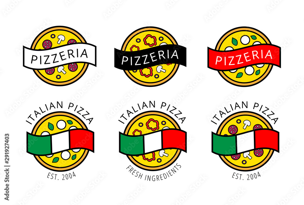 Original logo collection for pizza house, products, cafe, restaurant, pizzeria. Vector colored emblems with pizza, black, white, red and Italian flags. Brand design