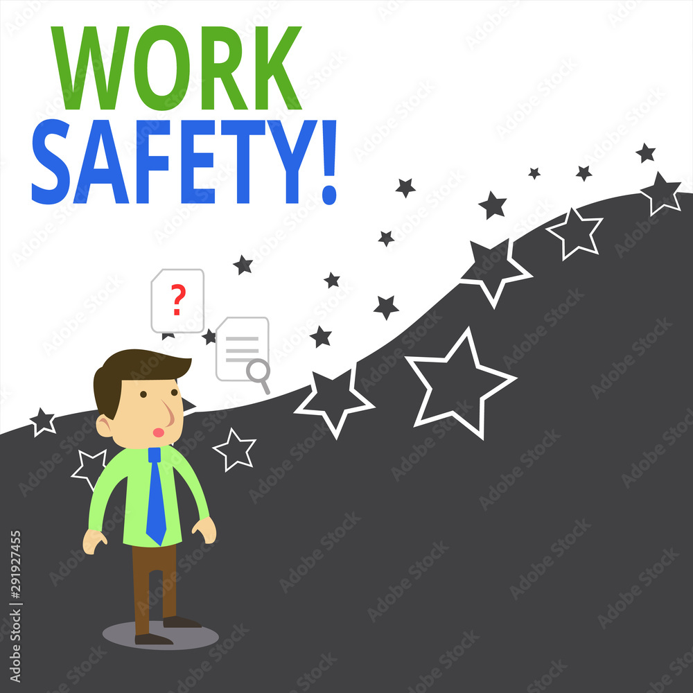 Conceptual hand writing showing Work Safety. Concept meaning policies and procedures in place to ensure health of employees Young Male Businessman Worker Searching Problem Solution