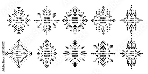 Aztec vector elements. Set of ethnic ornaments. Tribal design, geometric symbols for border, frame, tattoo, logo, cards, decorative works. Navajo motifs, isolated on black background.