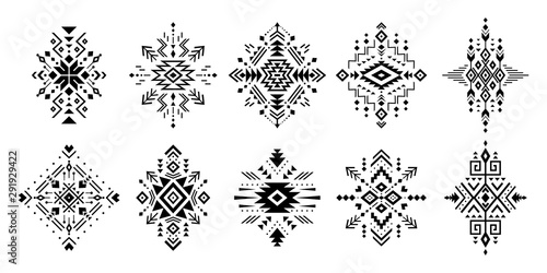 Aztec vector elements. Set of ethnic ornaments. Tribal design, geometric symbols for border, frame, tattoo, logo, cards, decorative works. Navajo motifs, isolated on black background. photo
