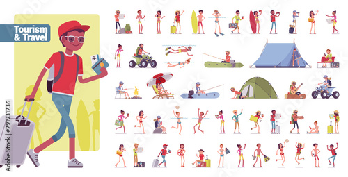 Tourism and travelling big bundle character set. Tourists visiting places for recreation or outdoor adventure, seaside weekend. Vector flat style cartoon illustration isolated on white background