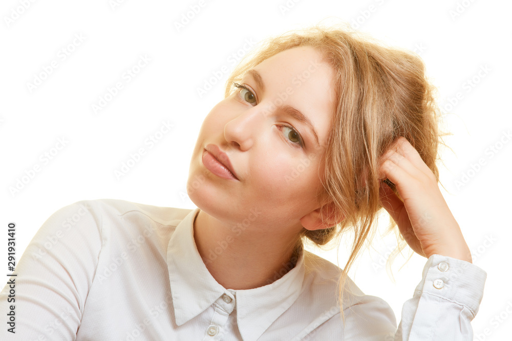 Pensive young woman is looking for solution for problem Pensive young woman is looking for solution for problem
