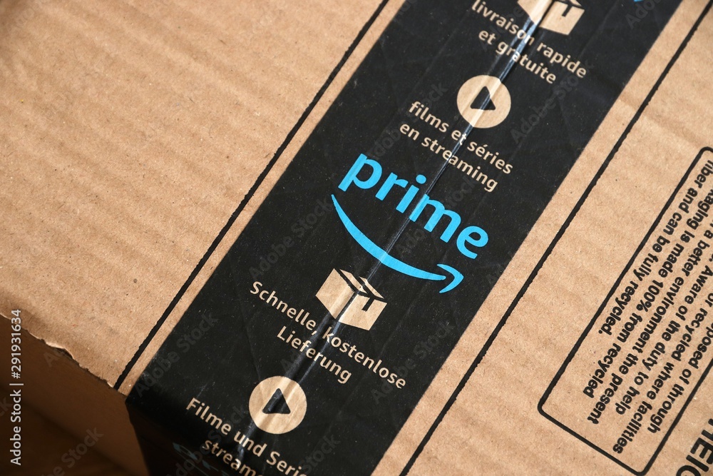 Foto Stock WARSAW, POLAND - AUGUST 23, 2019: Amazon Prime online store  order delivered package in Europe. Amazon is considered one of the Big Four  global tech companies. | Adobe Stock