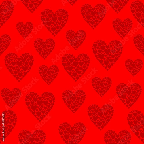 Seamless red background with dark red hearts of different sizes. Vector pattern of full color.  