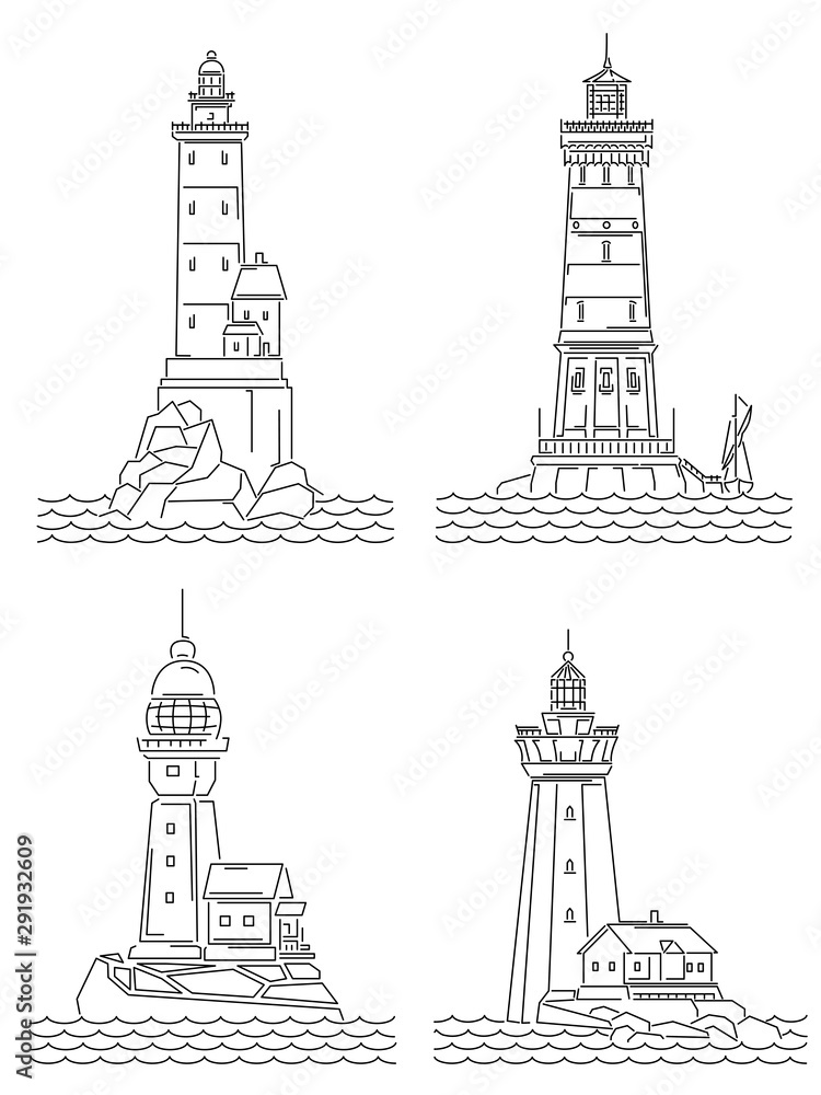 Set of simple line illustrations of lighthouse on island.
