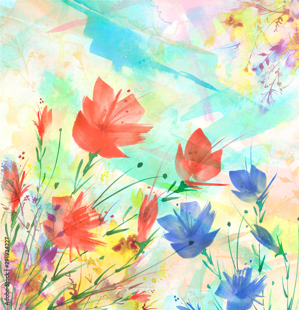 Watercolor bouquet of flowers, Beautiful abstract splash of paint, fashion illustration. Orchid flowers,red poppy, cornflower, peony, rose, field or garden flowers. Watercolor abstract. Greeting card