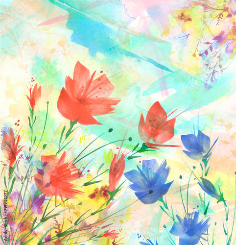 Watercolor bouquet of flowers, Beautiful abstract splash of paint, fashion illustration. Orchid flowers,red poppy, cornflower, peony, rose, field or garden flowers. Watercolor abstract. Greeting card © helgafo