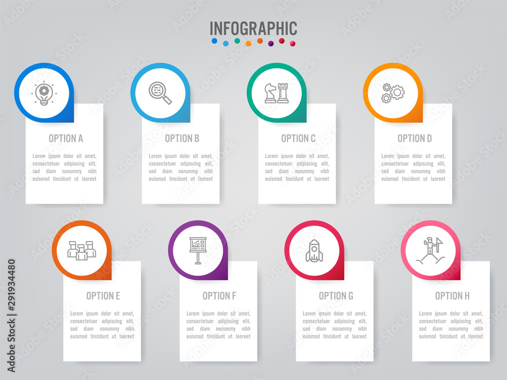 Business infographic labels template with 8 options.Creative concept for infographic Business infographic labels template with 8 options.Creative concept for infographic