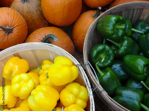 Baskets of fresh picked produce at a local farmers' market including pumpkins, green and yellow bell peppers.