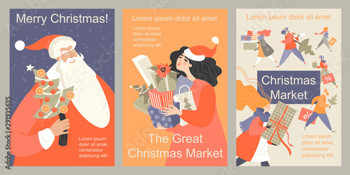 Set of vector Christmas market flyers. Illustrations of funny cartoon people and Santa Claus.