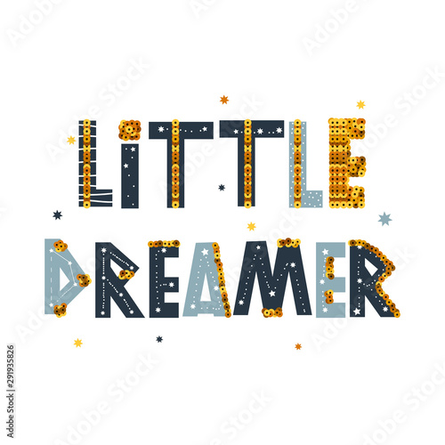 Little dreamer kids slogan with gold sequins.  Trendy graphic. Vector illustration.