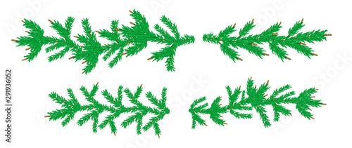 Four Fir branches without decorations. Detailed set of Coniferous christmas garland. Realistic tree for New Year design. Vector Pine needles to create your holiday bouquet