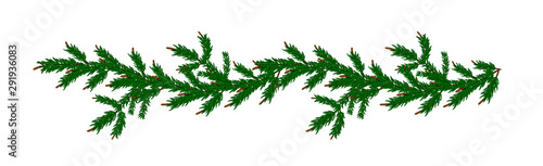 Detailed wide Coniferous christmas garland. Xmas border with fir branches without decorations. Realistic wreath tree for New Year design. Vector Pine needles to create your holiday bouquet © oioioio