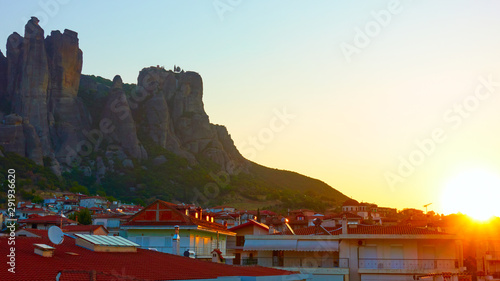 Meteora rocks and Kalabaka town at sunrise photo