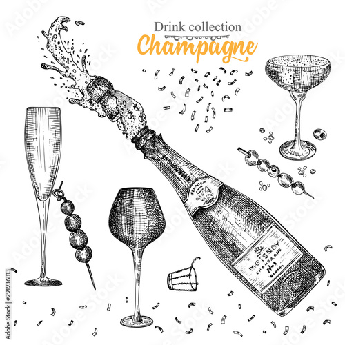 Set hand drawn sketch bottle and glasses champagne, Vintage design bar, restaurant, cafe menu on white background. Graphic vector art Creative template for flyer, banner, poster