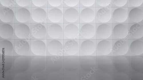 White Concave Hemisphere Metal Tiled Wall and Black Polished Porcelain Floor (3D Illustration) photo