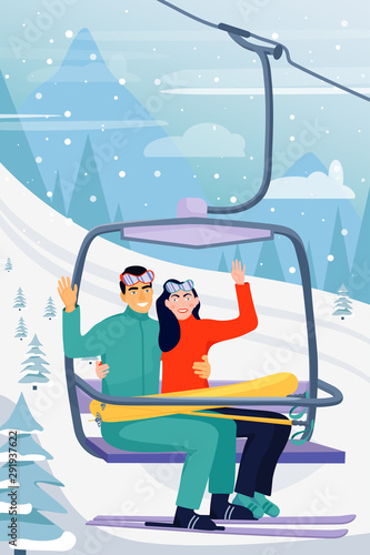 Winter vacations activity concept. Happy couple rise to the ski lift elevator. Pretty woman and her boyfriend waving hands. Ski resort season is open. Vector illustration.