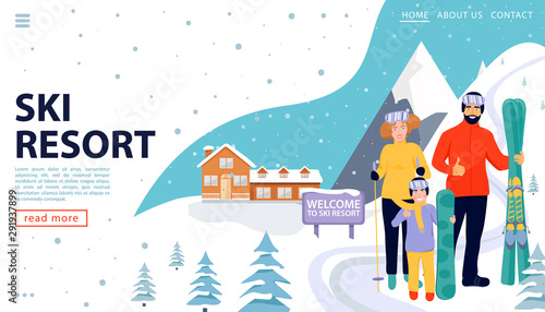 Ski resort web page concept with wooden house and happy family with snowboards and skis on snowy landscape. Family standing and holding sport equipment. Welcome to ski resort. Vector illustration.