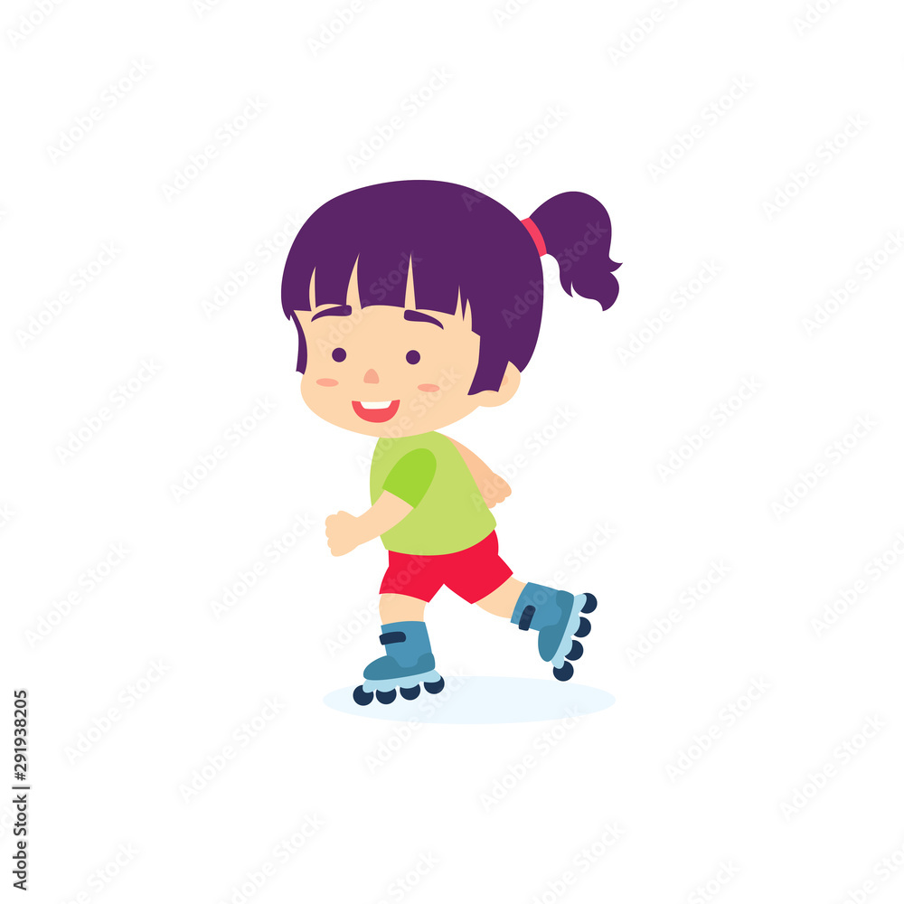 Cute girl playing roller skate soccer, kids sport vector illustration