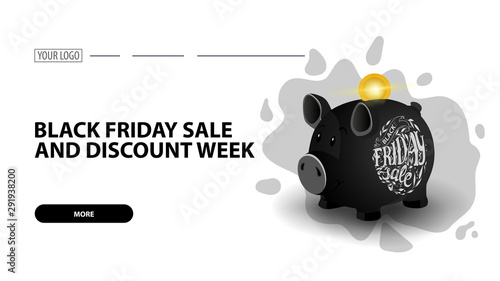 Black friday sale and discount week, white horizontal discount web banner with black piggy Bank
