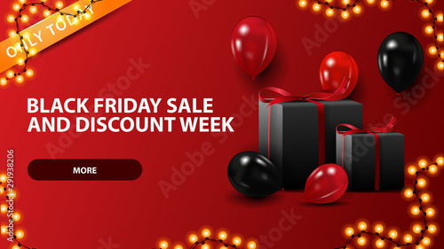 Black friday sale and discount week, red horizontal discount web banner with balloons and gifts