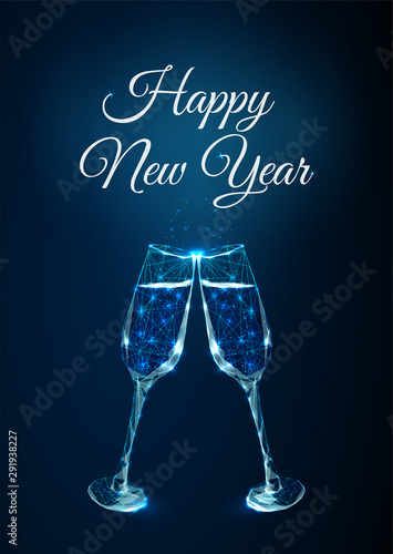 Abstract Happy New Year greeting card with clink glasses. Low poly style design.