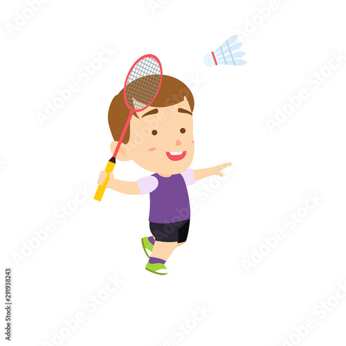 Cute boy smashing shuttlecock, badminton, kids sport vector illustration