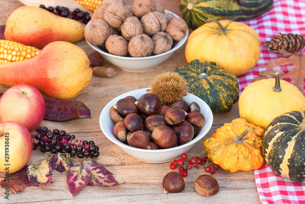 Organic seasonal fruit and vegetable, thanksgiving, harvest on table Organic seasonal fruit and vegetable, thanksgiving, harvest on table