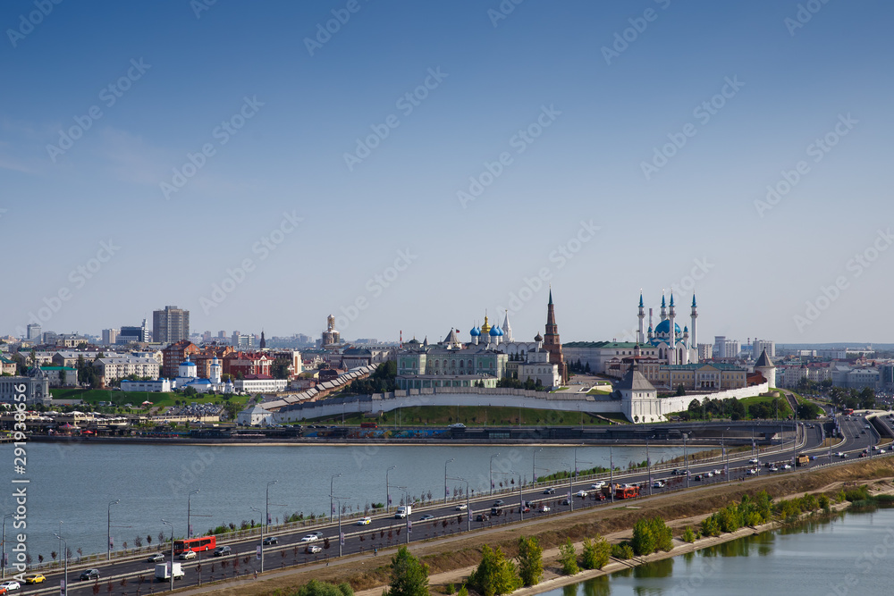 Aerial view panorama to Kazan Kremlin, Kul Sharif (Qolsharif) Mosque and Kazanka and Volga river bank