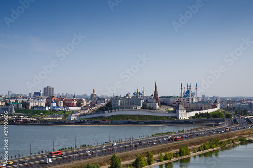 Aerial view panorama to Kazan Kremlin  Kul Sharif  Qolsharif  Mosque and Kazanka and Volga river bank