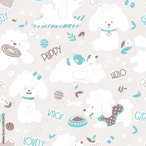 Puppies Seamless pattern . Funny white little poodle dogs in a daily routine. Vector illustration in pastel palette