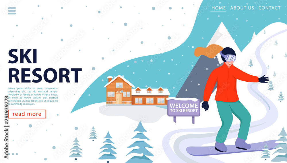 custom made wallpaper toronto digitalSki resort web page concept with wooden house, snowboarder and snowy mountains. Happy woman snowboarding in the mountains. Welcome to ski resort. Vector illustration.